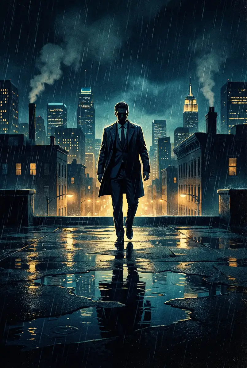 姨母的诱惑 出品影片《雨夜独行者》海报，雨中城市屋顶男性剪影
